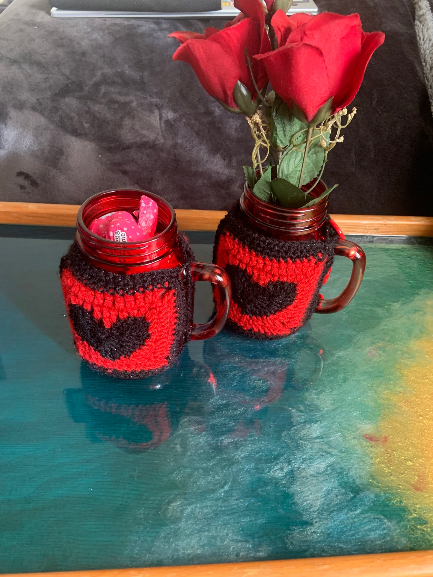 Valentines crochet mason mugs