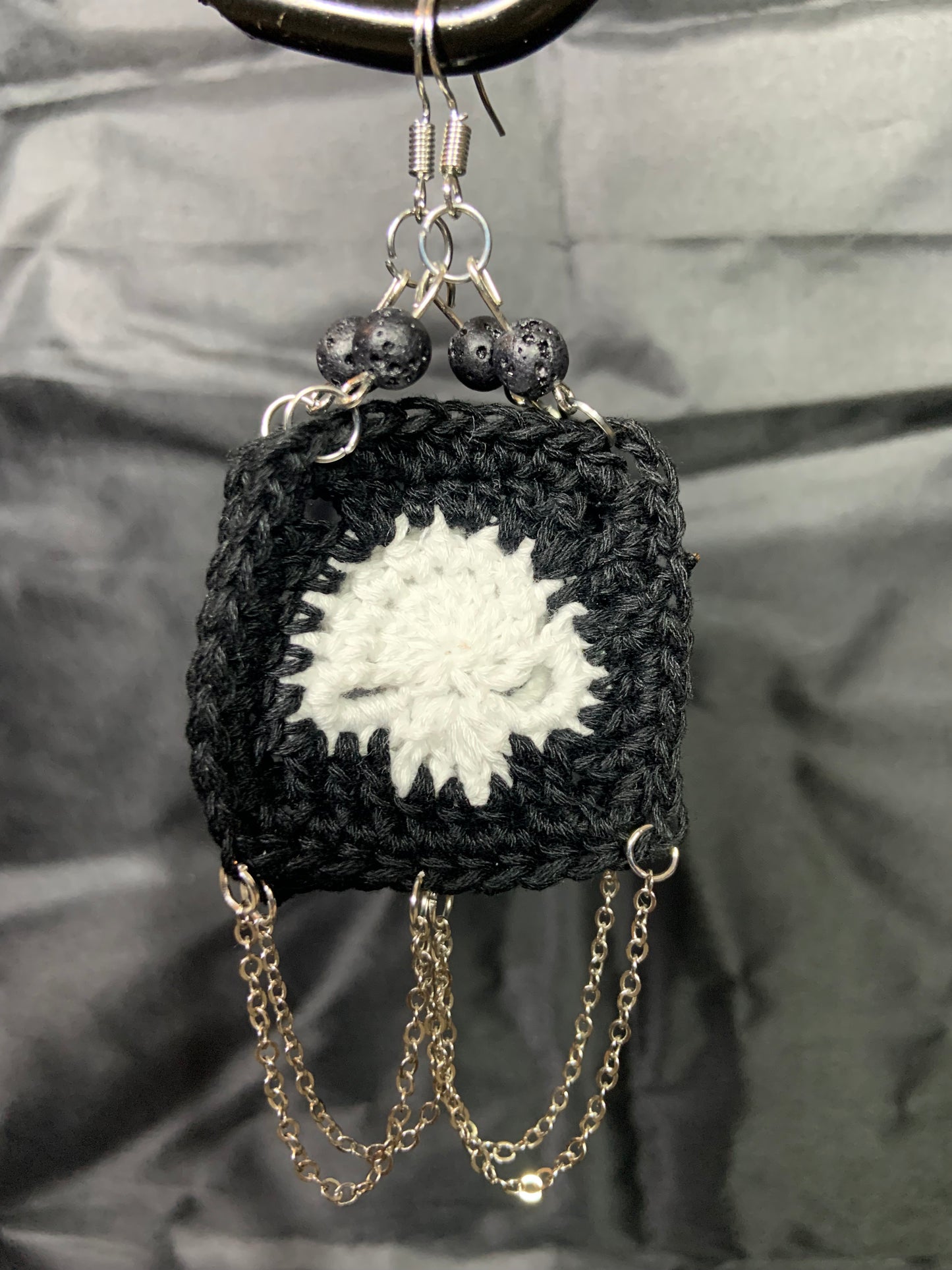 Lava stone black skull granny square earrings