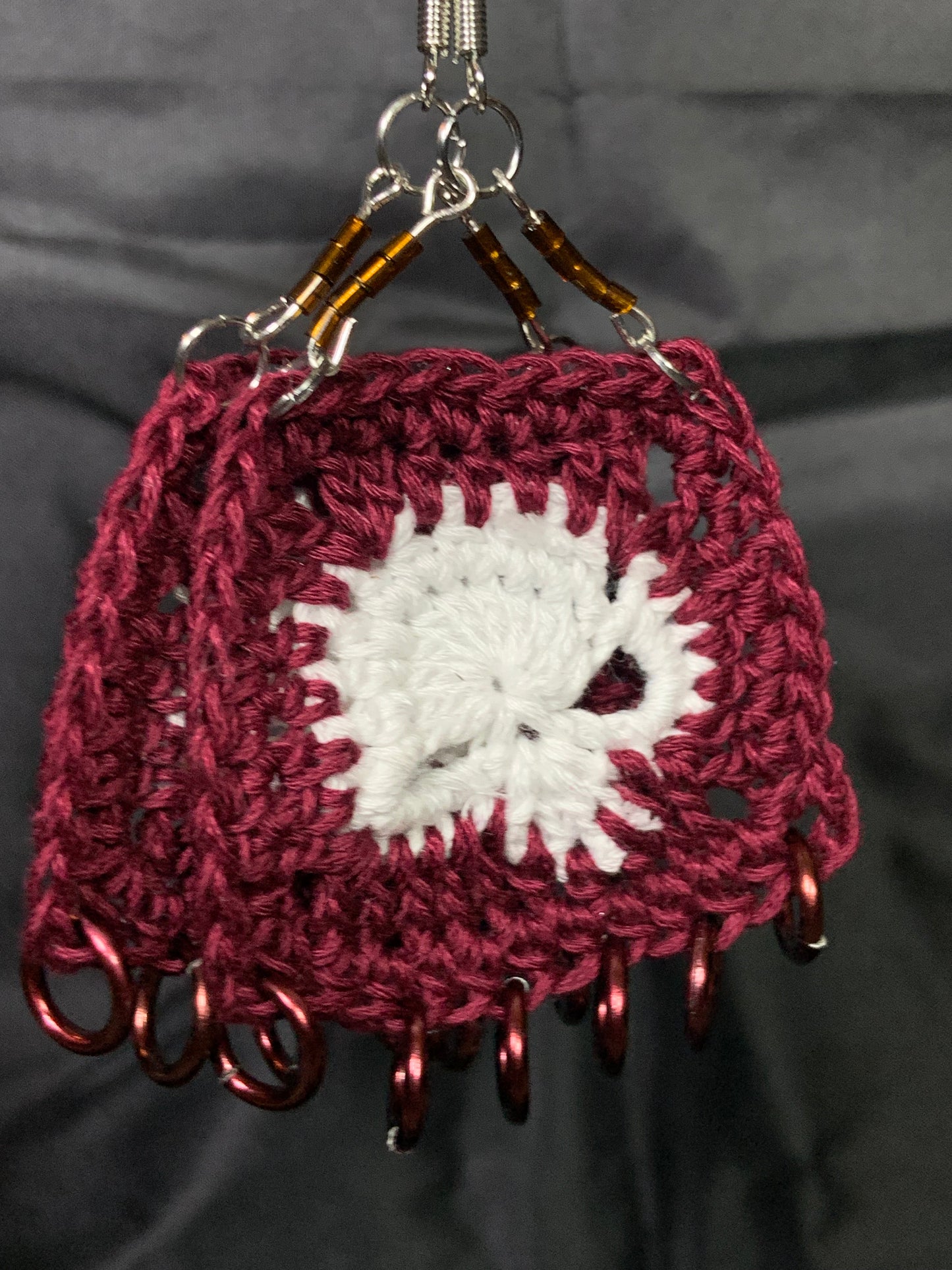 Burgundy skull granny square earrings