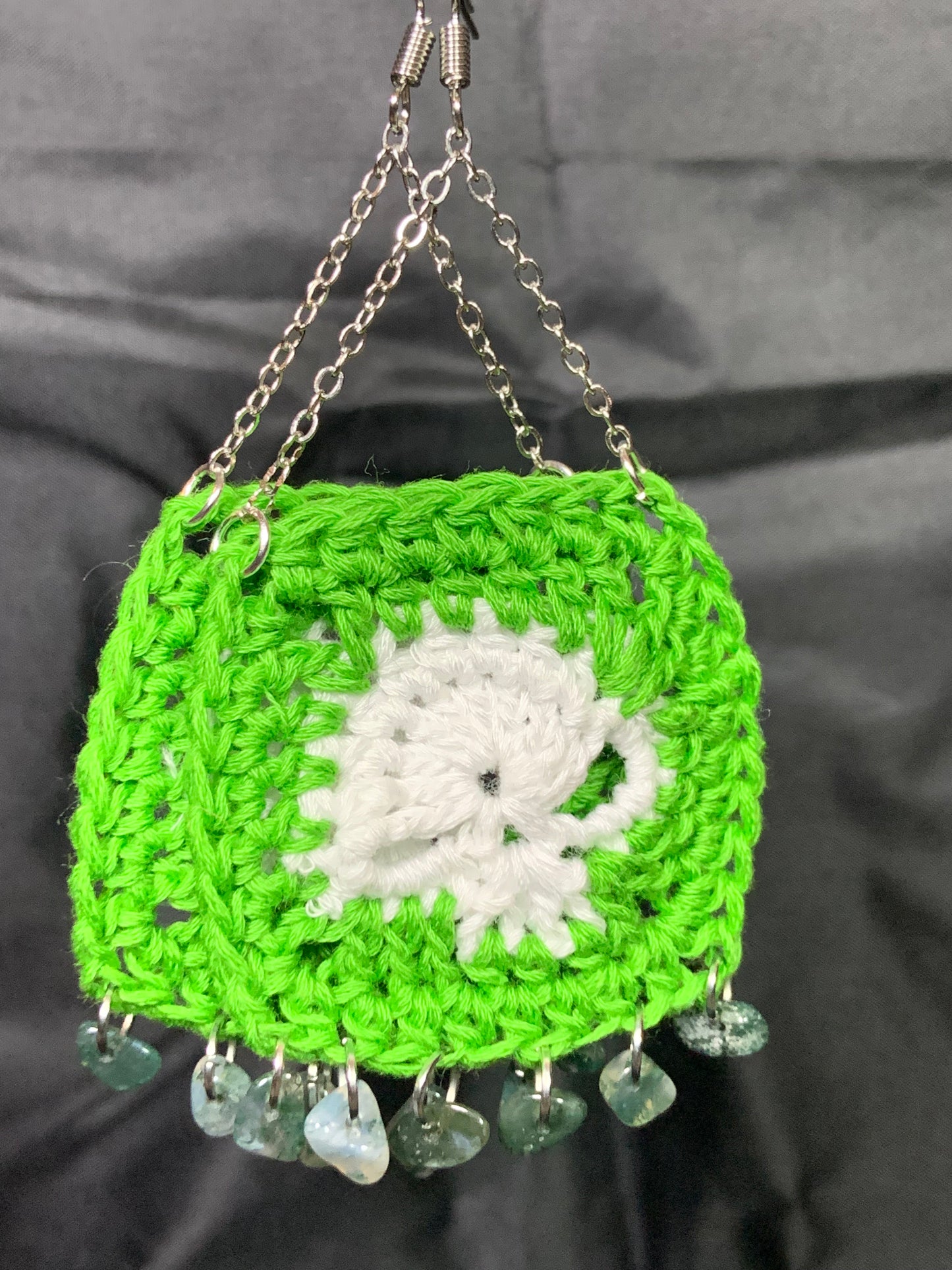 Green granny square skull earrings with aventurine beads
