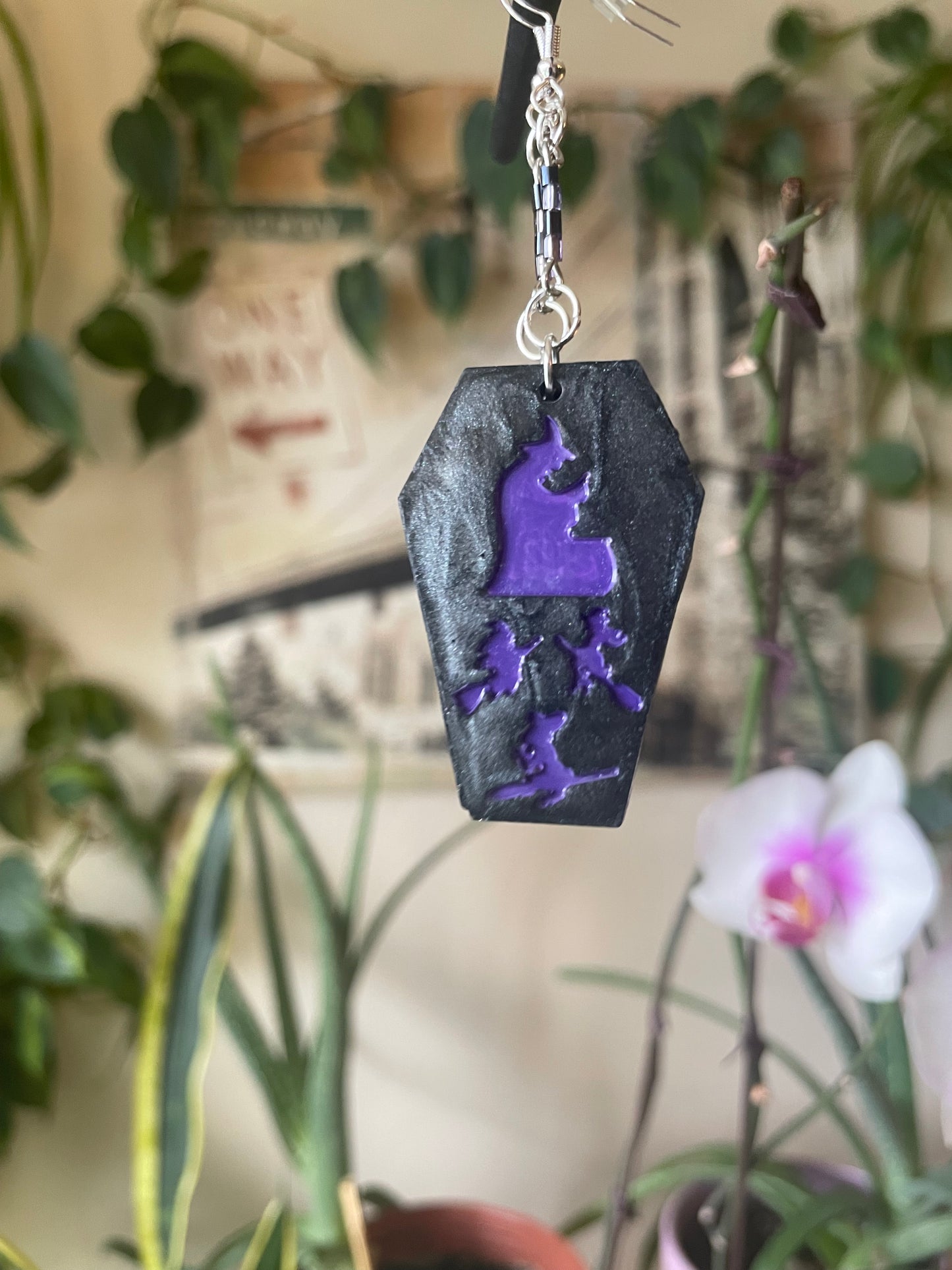 Spooky themed imprinted epoxy resin coffin earrings