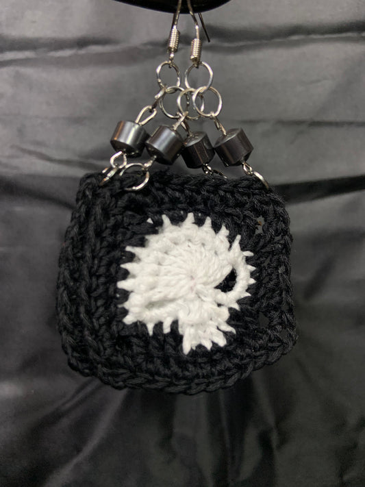 Granny square skull earrings with hematite