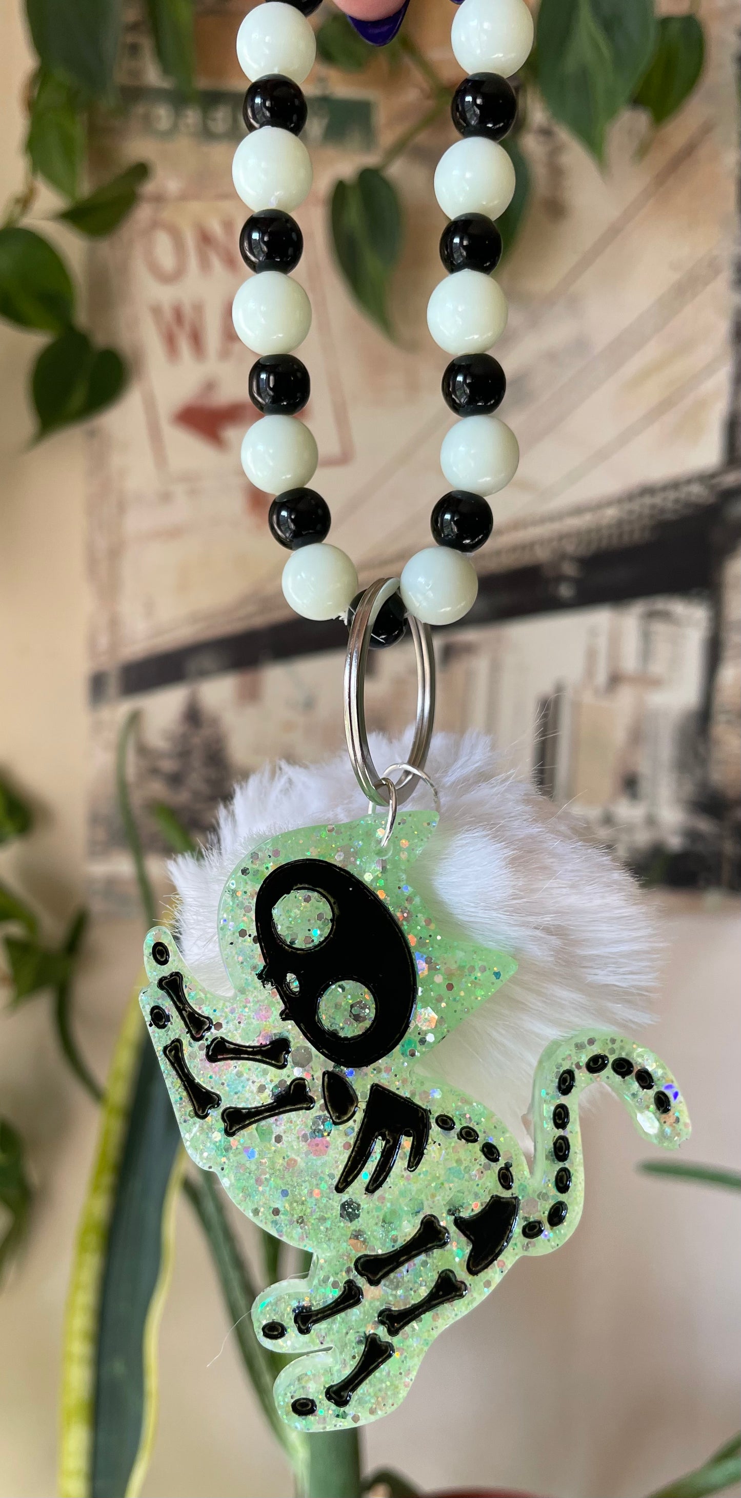 Glow in the dark Skele-kitty bag charm and keychain