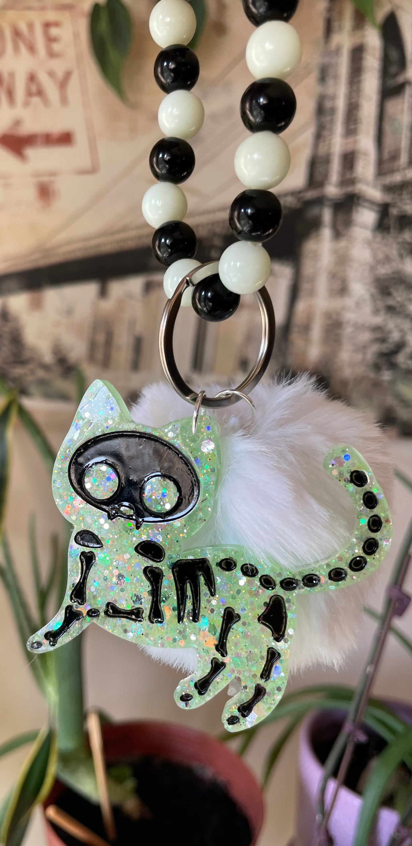 Glow in the dark Skele-kitty bag charm and keychain