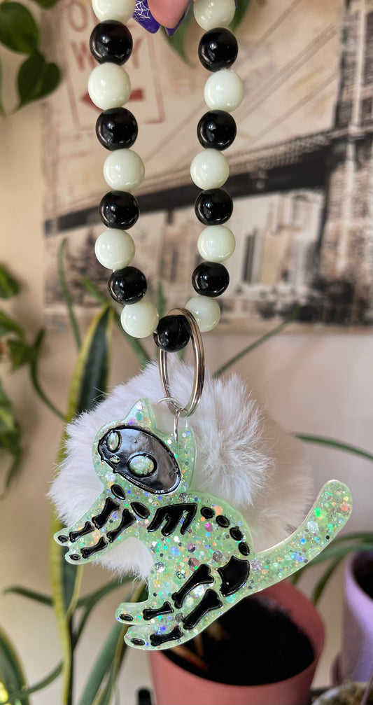 Glow in the dark Skele-kitty bag charm and keychain