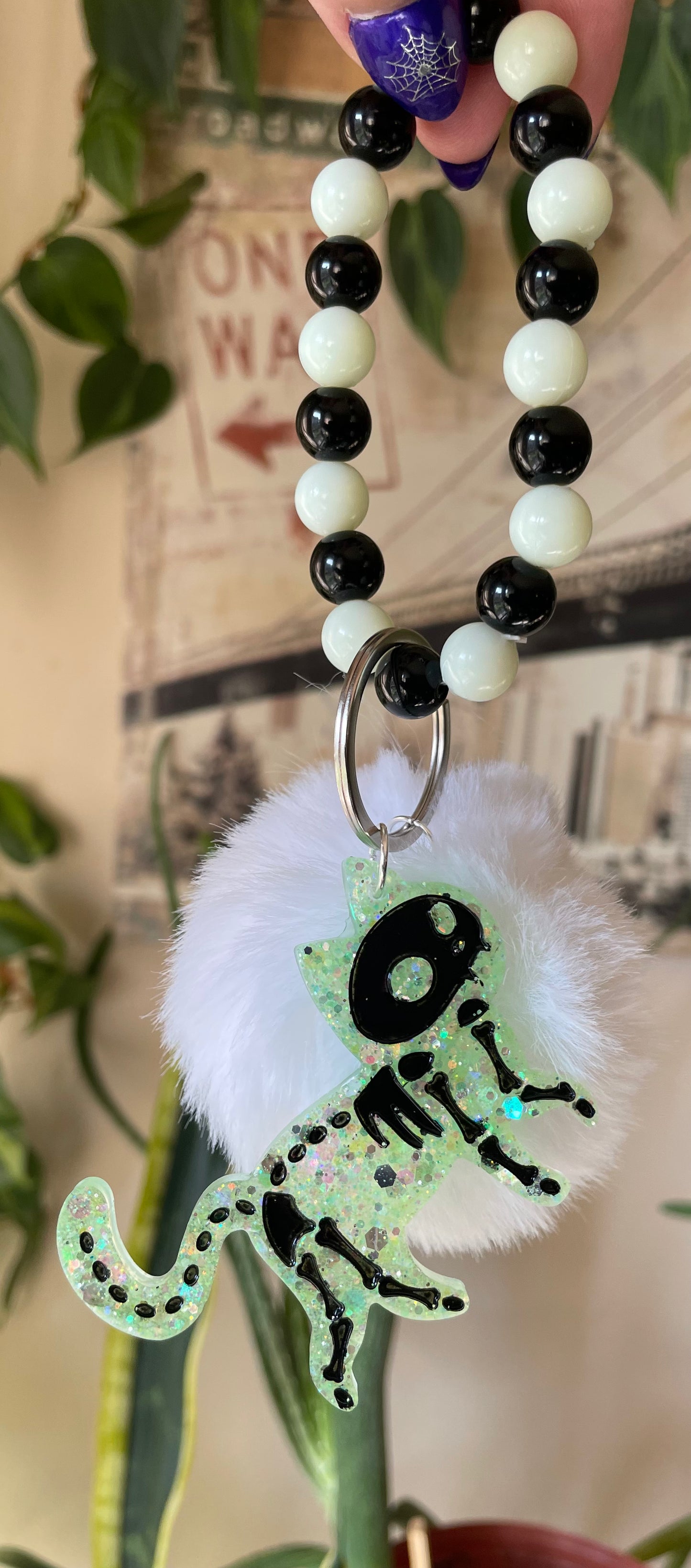 Glow in the dark Skele-kitty bag charm and keychain