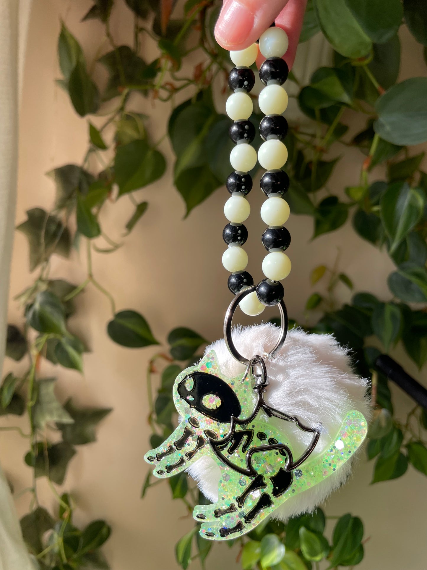 Glow in the dark Skele-kitty bag charm and keychain